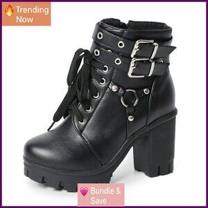 Chunky Platform Combat Boots with Buckle Zipper Rivets 3.5 Inch Heel